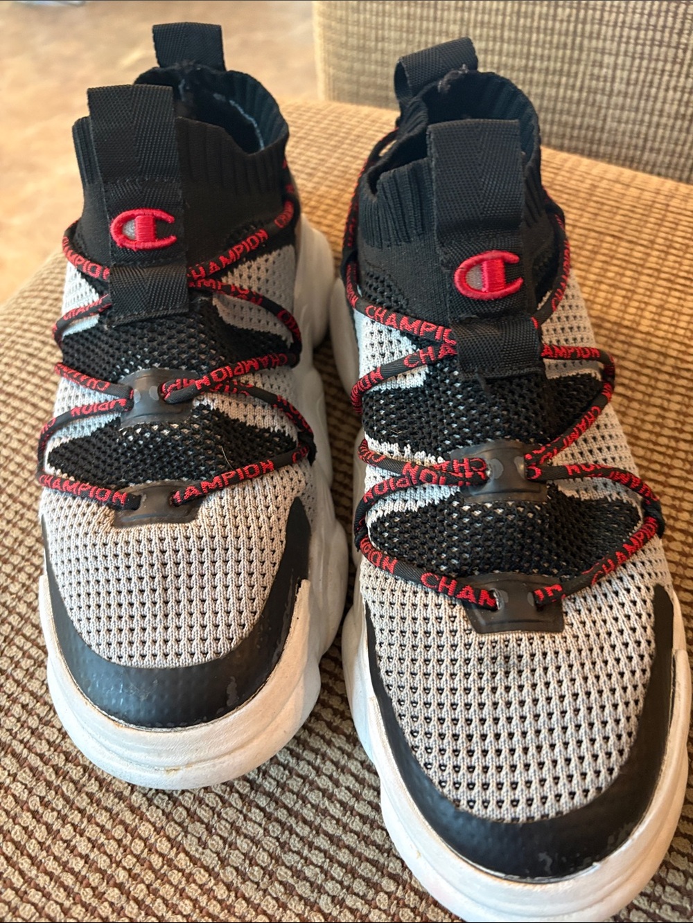 Champion Size 7 Black, Gray & Red Knit Slip-On Sneakers